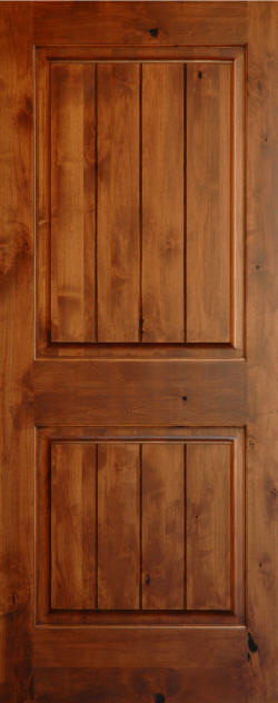 Knotty Alder 2-Panel Interior Door with V-Grooves and Candlelight Finish
